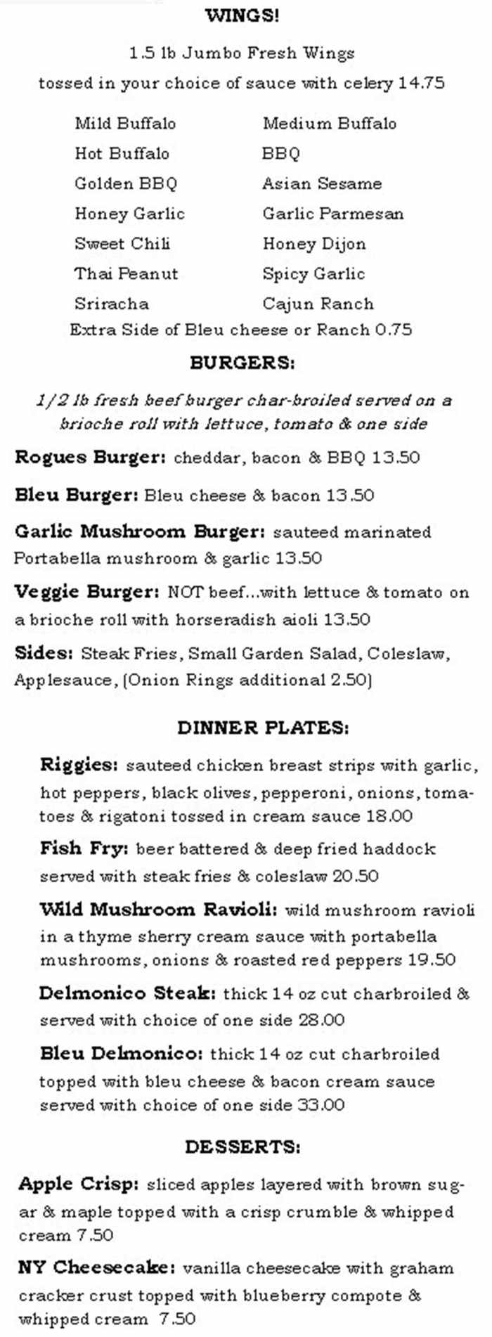 Page 2 of menu, Corner Pub at Rogues Harbor Lansing, NY
