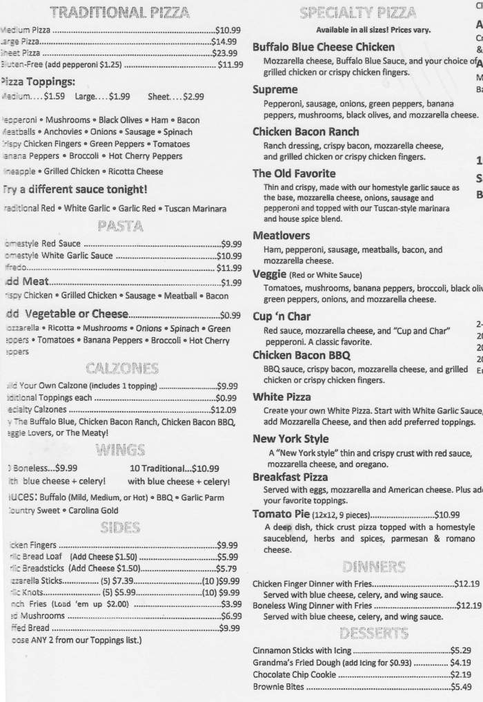 Page 1 of menu, Pat's Pizzeria in Ithaca, NY