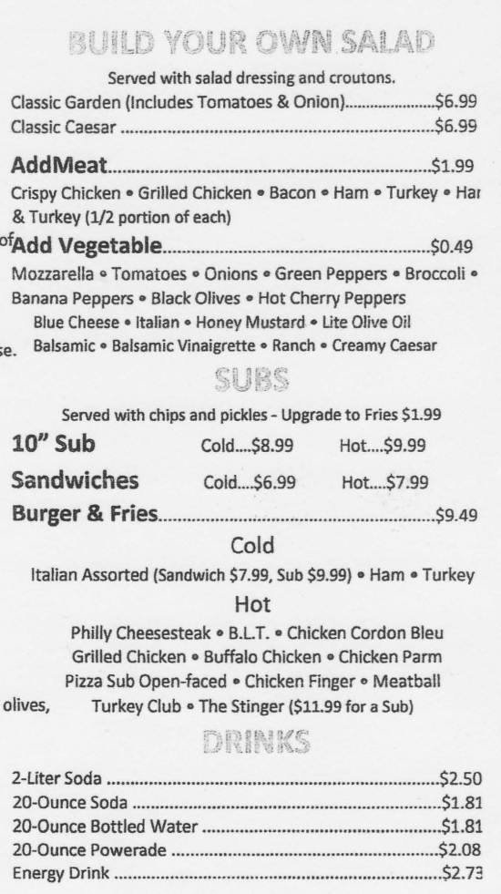Page 2 of menu, Pat's Pizzeria in Ithaca, NY